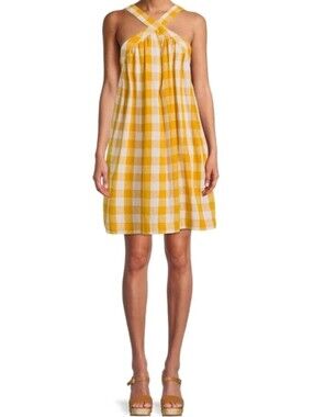 Gingham Cross-neck Halter Trapeze Sundress Gold White Small